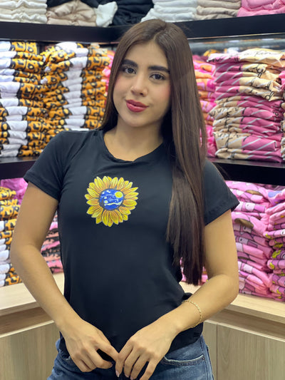 Camiseta negra manga corta dama - Flor Amarilla
