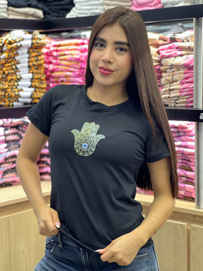 camiseta negra para dama manga corta - Mano Humsa