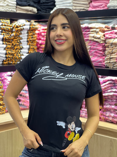 Camiseta negra de dama manga corta - Mickey Mouse