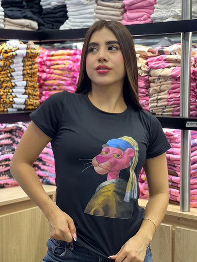 camiseta negra para dama manga corta - La Pantera Rosa Egipcia
