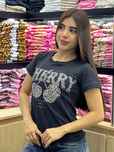 camiseta negra para dama manga corta - Cherry