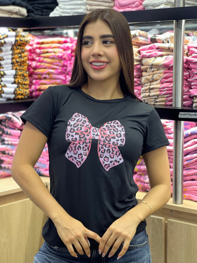 camiseta negra para dama manga corta - Cinta rosa