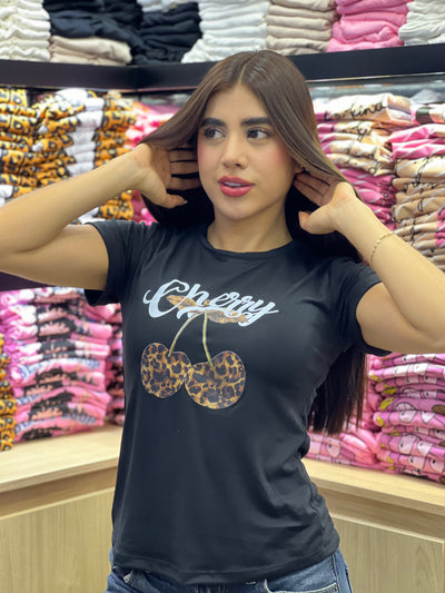 camiseta negra para dama manga corta - Cherry Animal print