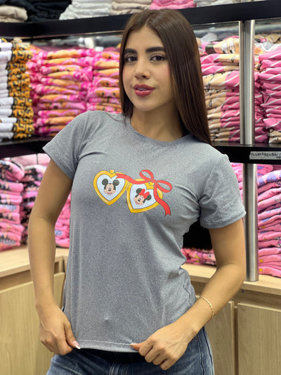 camiseta gris para dama manga corta - Minnie & Mickey