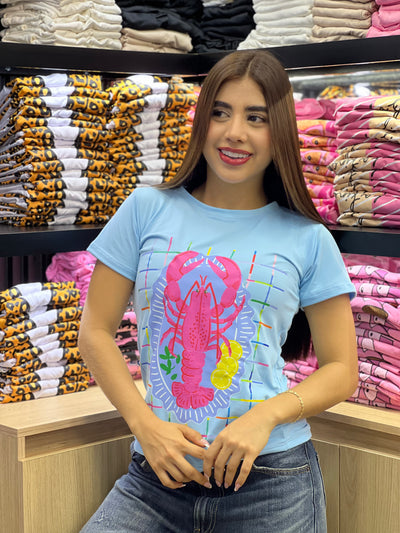 camiseta azul cielo para dama manga corta - Langosta