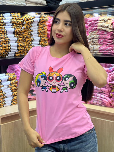 camiseta rosa para dama manga corta - Las chicas super poderosas