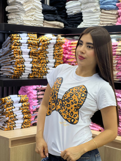 camiseta blanca para dama manga corta - cinta mariposa
